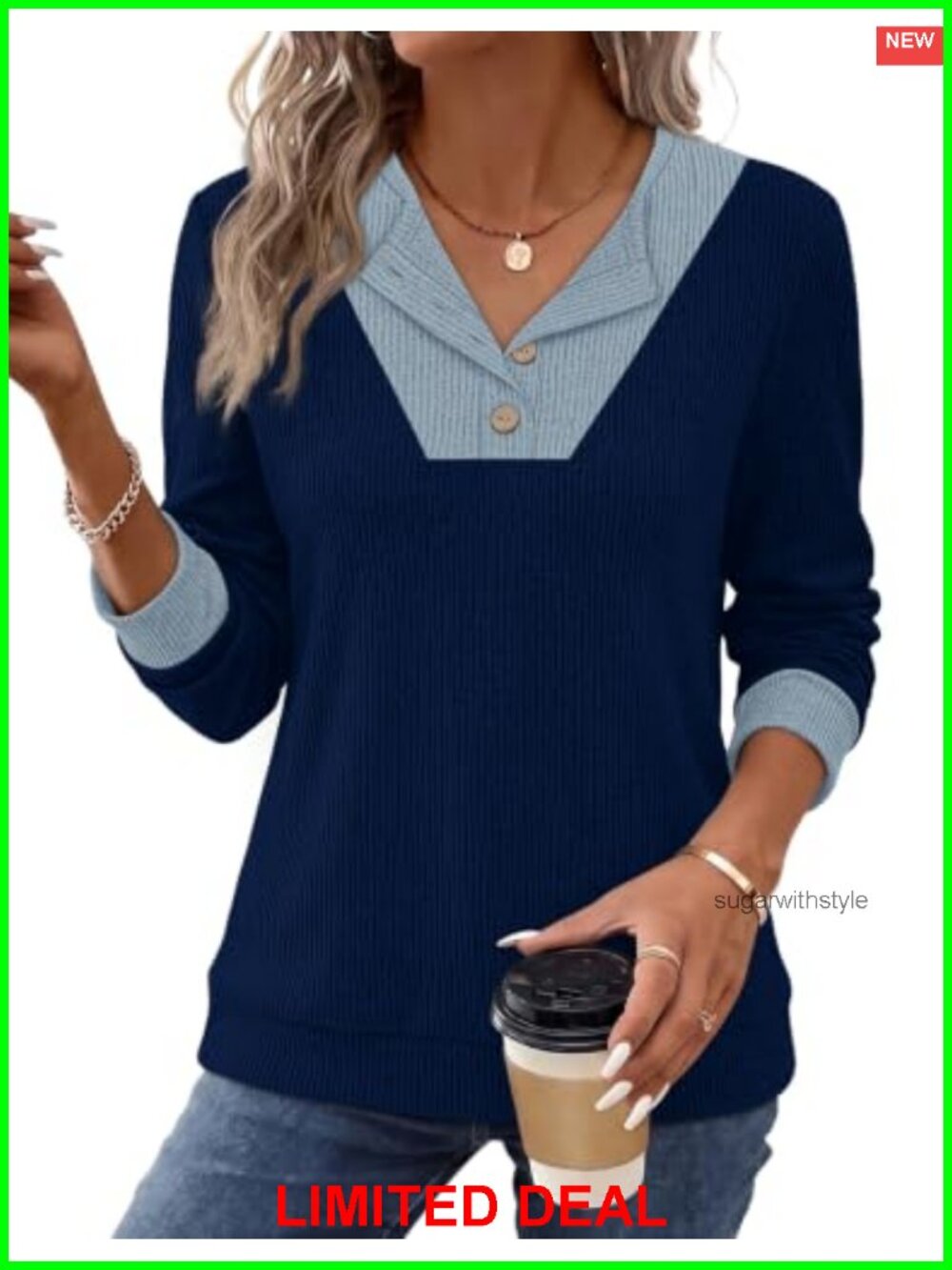 Women's Henley Sweater Button V-Neck Long Sleeve Teacher Business Casual Top